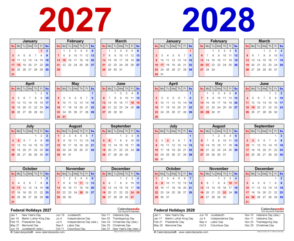 2027 2028 Two Year Calendar Free Printable PDF Templates