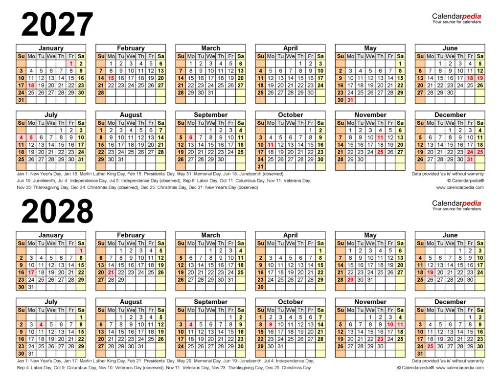 2027 2028 Two Year Calendar Free Printable PDF Templates