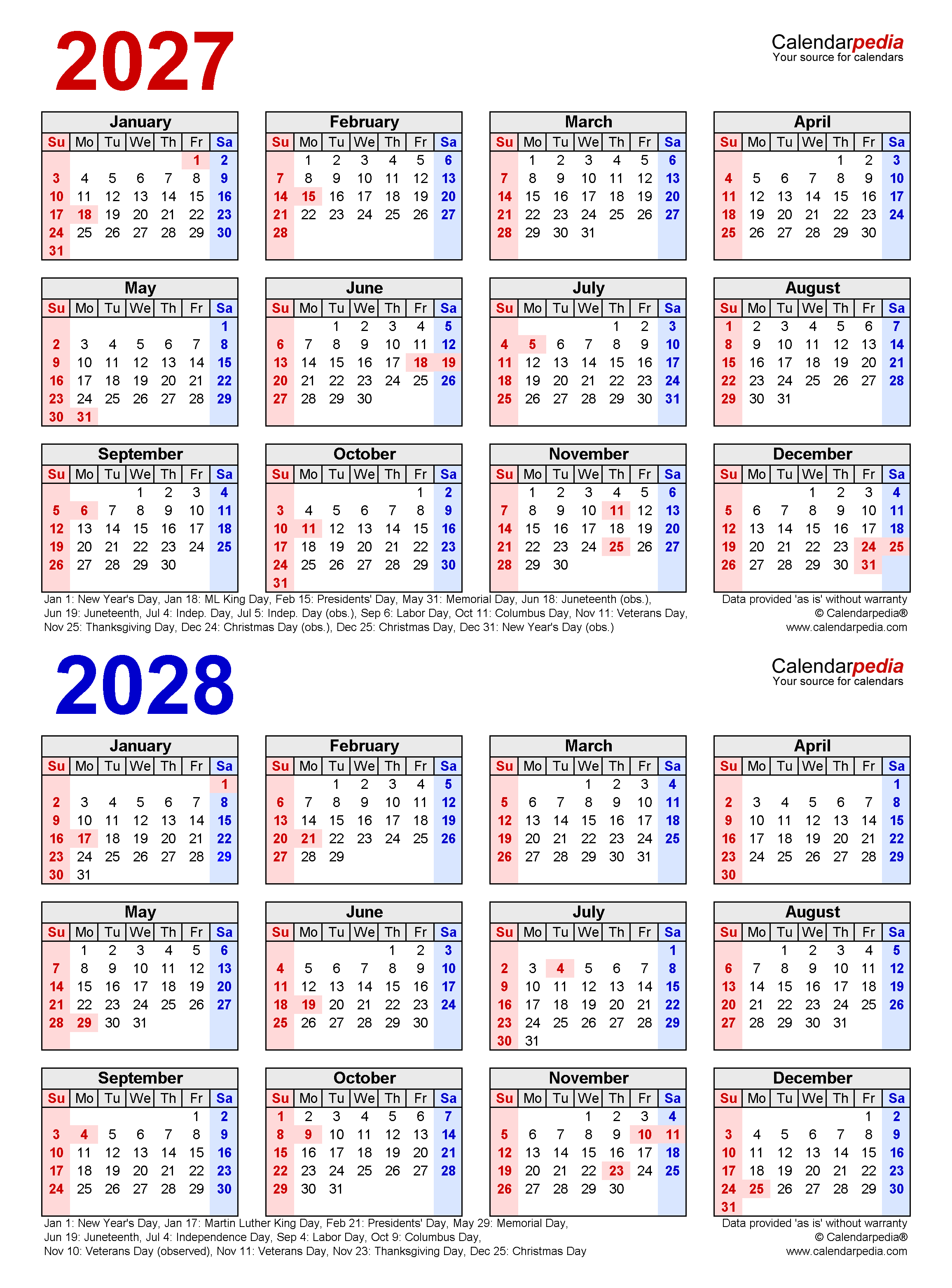 2027 2028 Two Year Calendar Free Printable PDF Templates