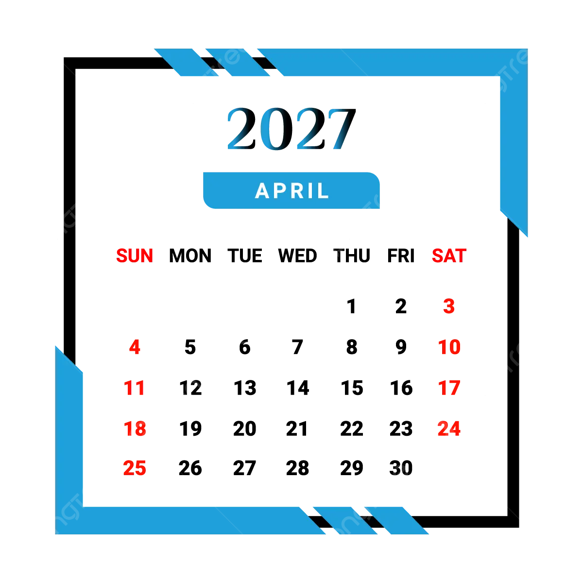 2027 April Month Calendar With Skyblue And Black Unique Style Vector