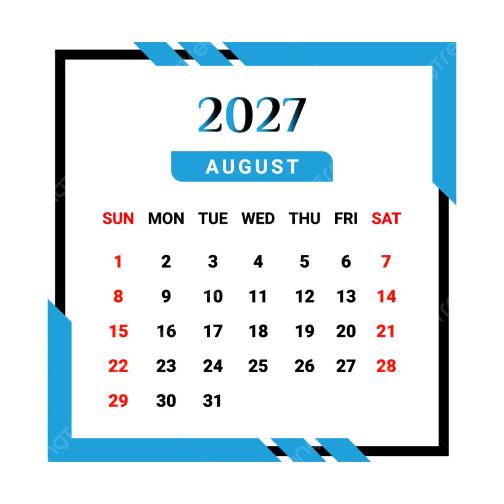 2027 August Month Calendar With Skyblue And Black Unique Style Vector 