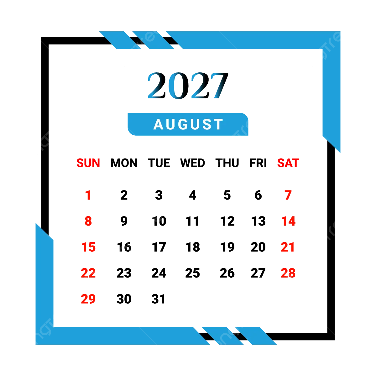 2027 August Month Calendar With Skyblue And Black Unique Style Vector 