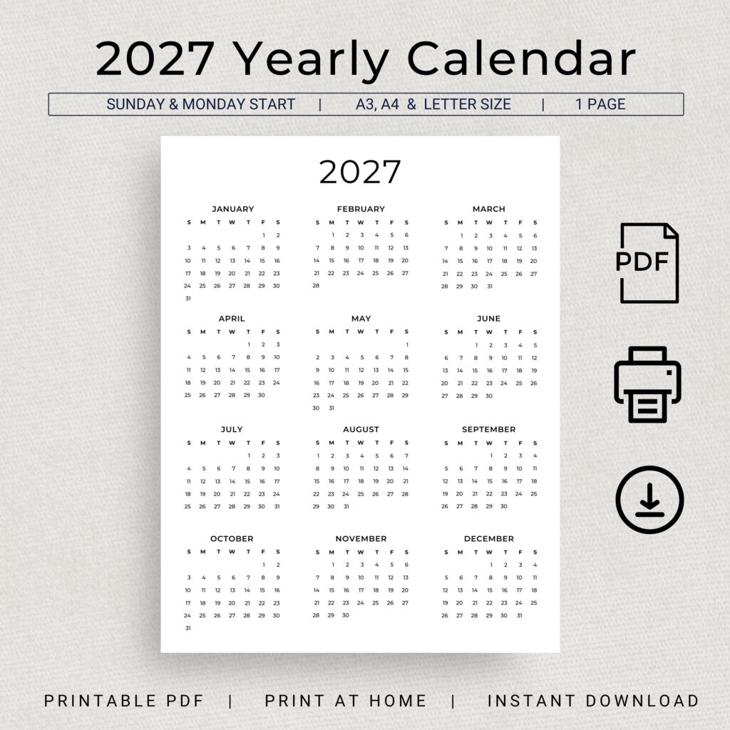 2027 Calendar 2027 Yearly Calendar Printable 2027 Wall Calendar 2027