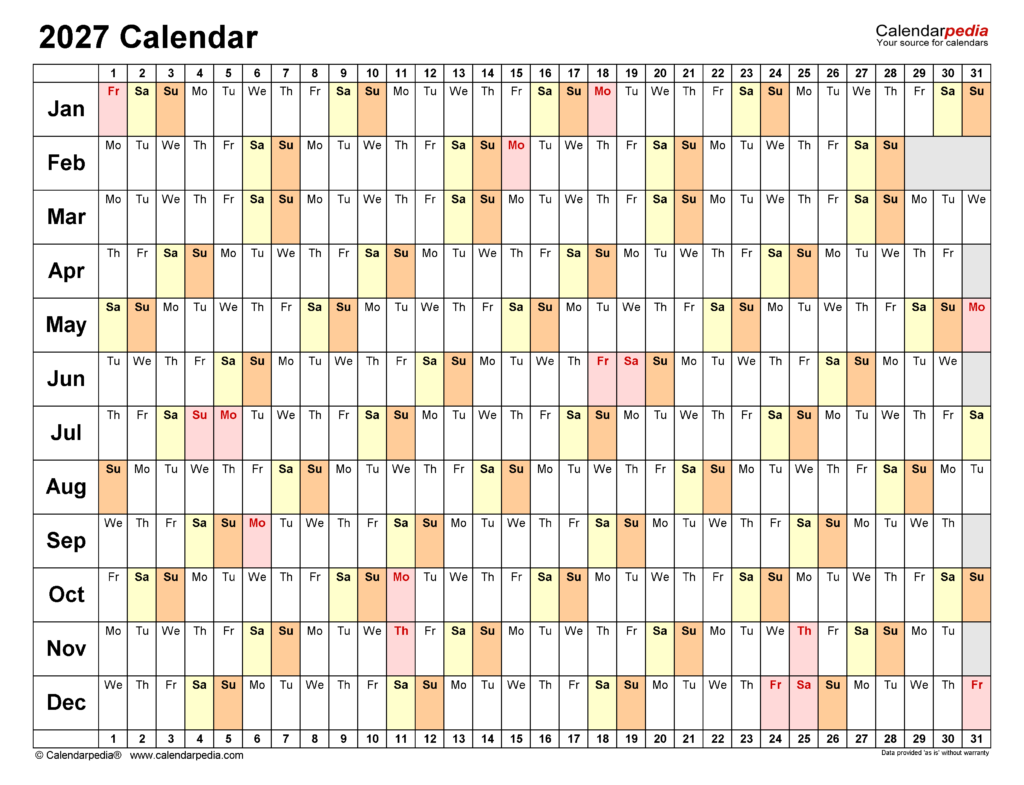 2027 Calendar Free Printable PDF Templates Calendarpedia