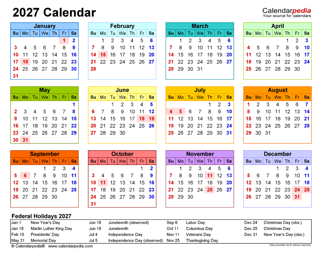 2027 Calendar Free Printable PDF Templates Calendarpedia