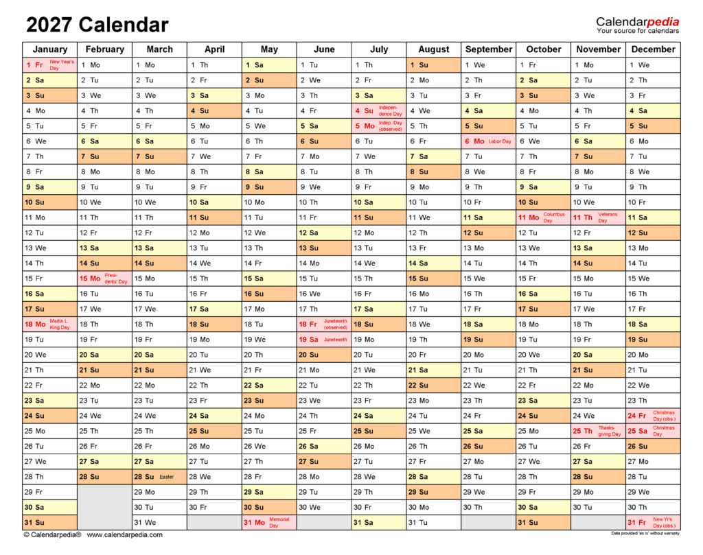 2027 Calendar Free Printable PDF Templates Calendarpedia