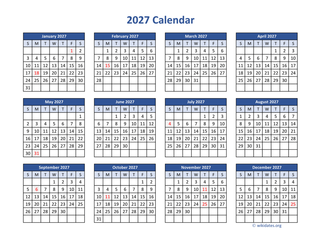 2027 Calendar In PDF WikiDates