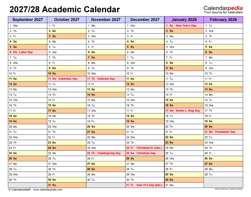 Academic Calendars 2027 2028 Free Printable Excel Templates