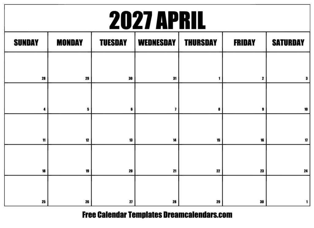 April 2027 Calendar Free Printable With Holidays And Observances