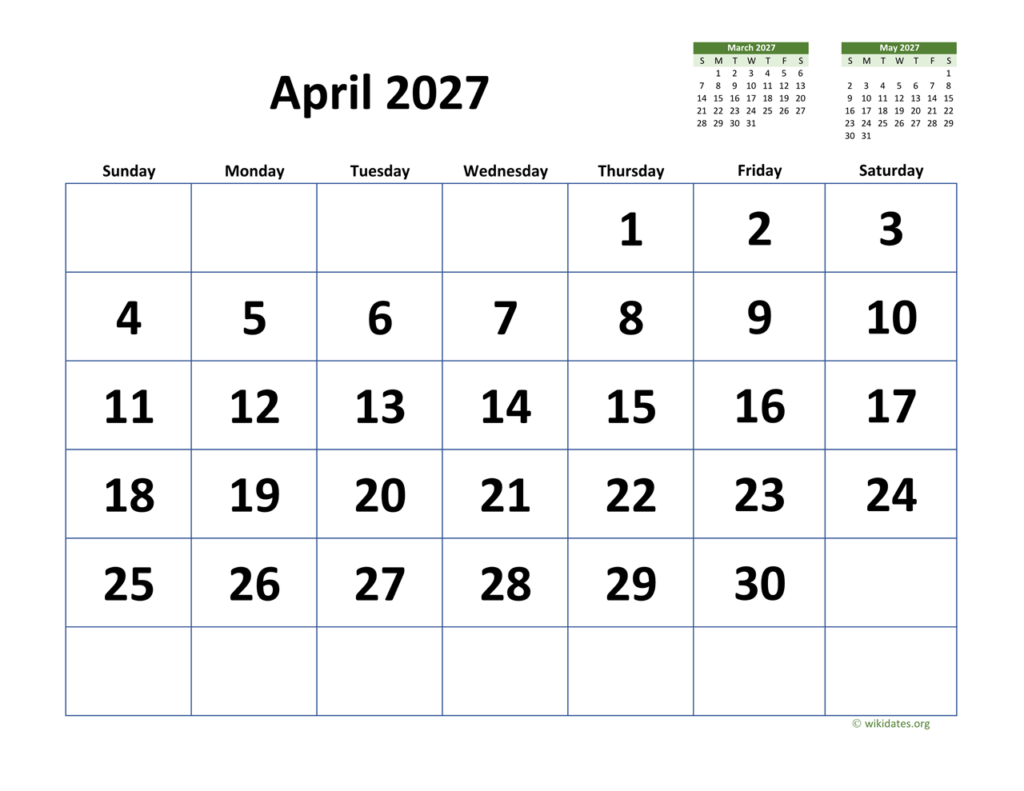 April 2027 Calendar With Extra large Dates WikiDates