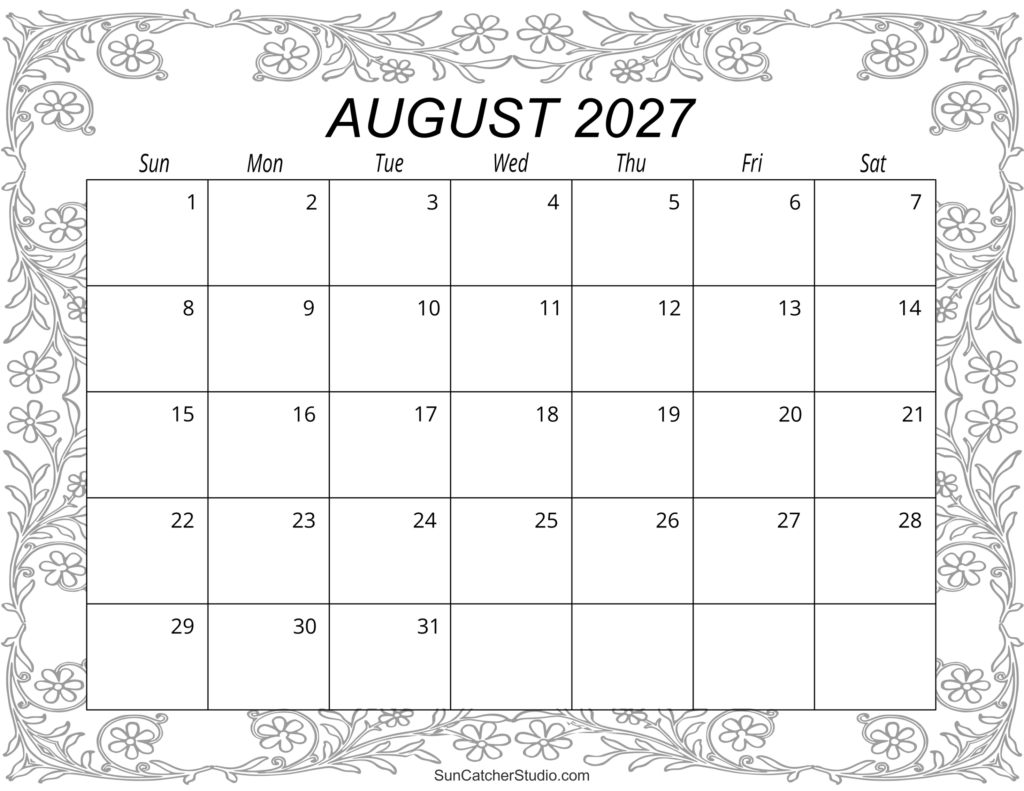 August 2027 Calendar Free Printable DIY Projects Patterns 