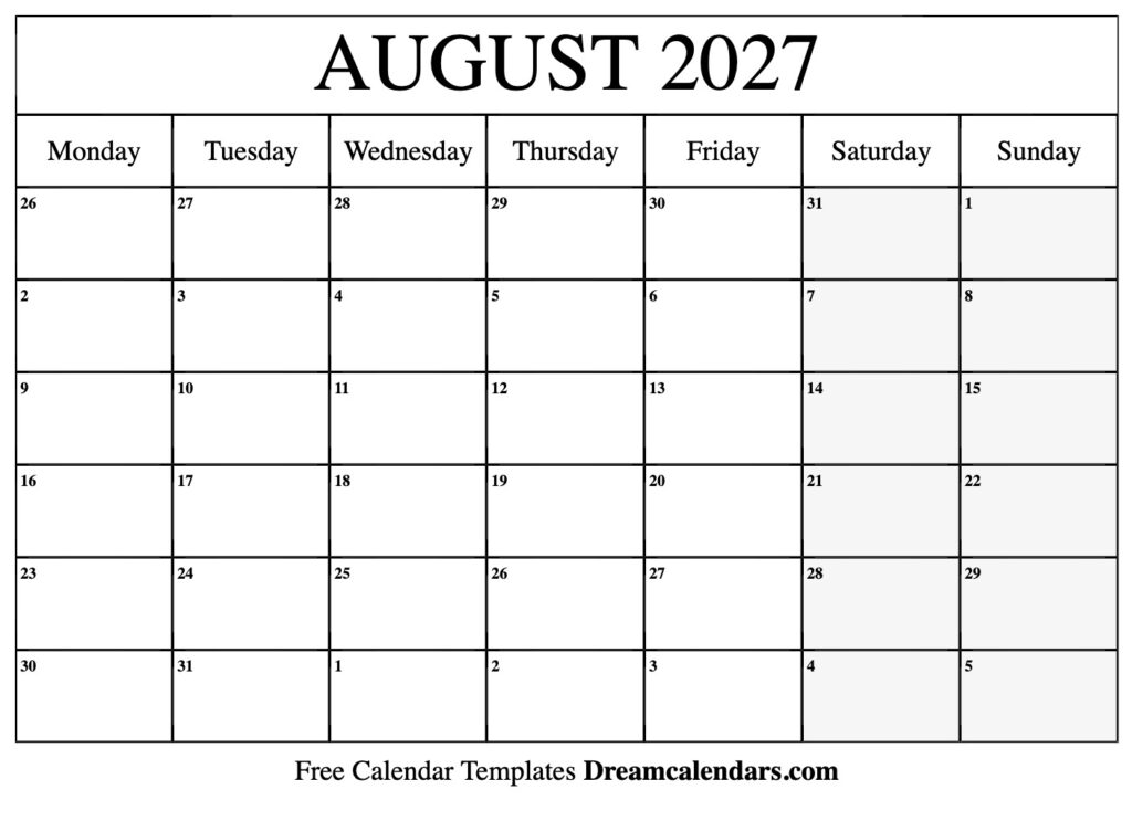 August 2027 Calendar Free Printable With Holidays And Observances