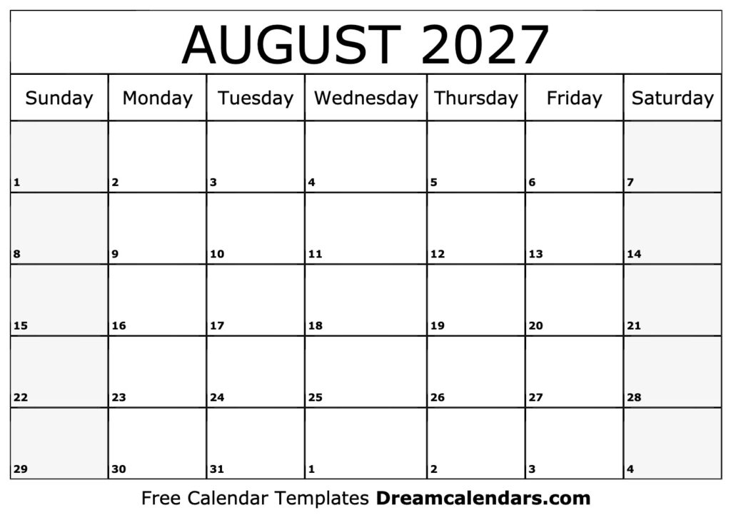 August 2027 Calendar Free Printable With Holidays And Observances