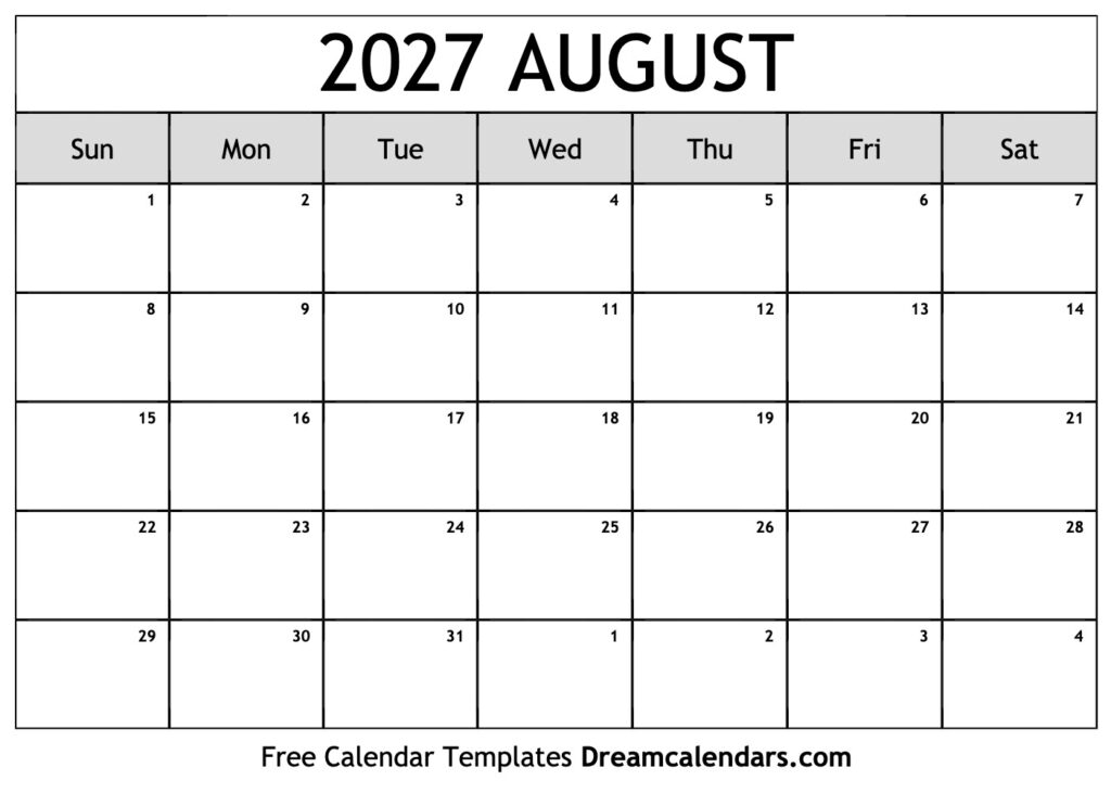 August 2027 Calendar Free Printable With Holidays And Observances