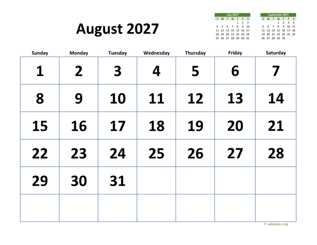 August 2027 Calendar With Extra large Dates WikiDates