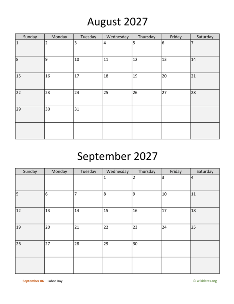 August And September 2027 Calendar WikiDates