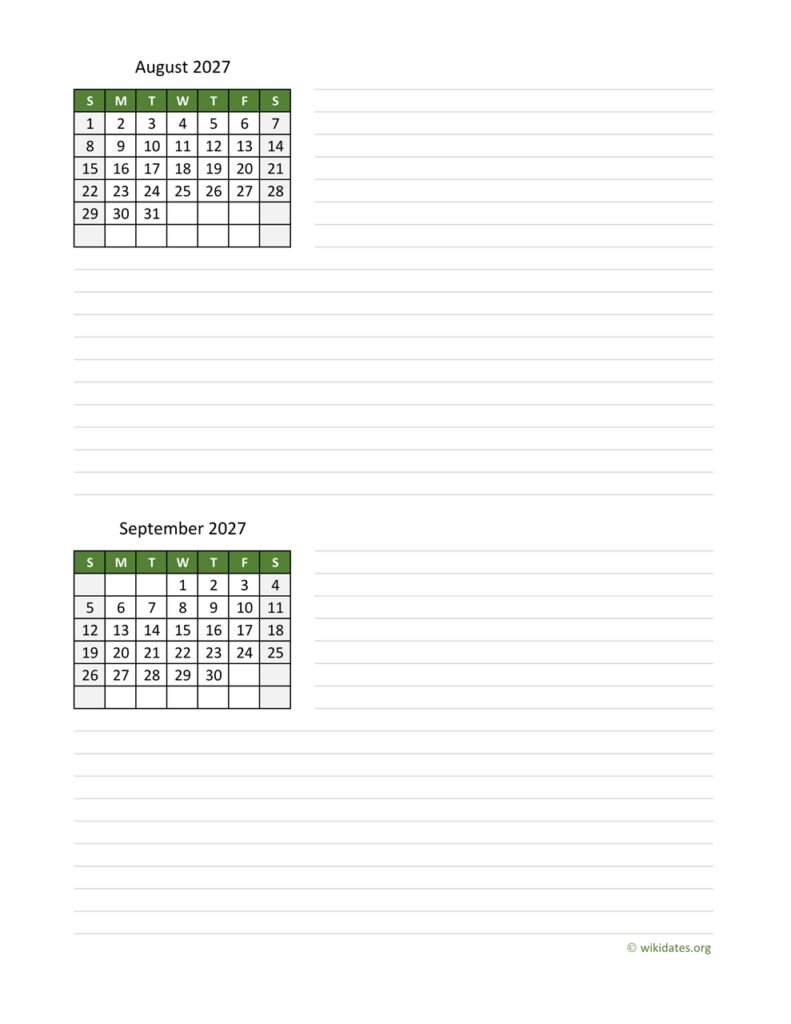 August And September 2027 Calendar WikiDates