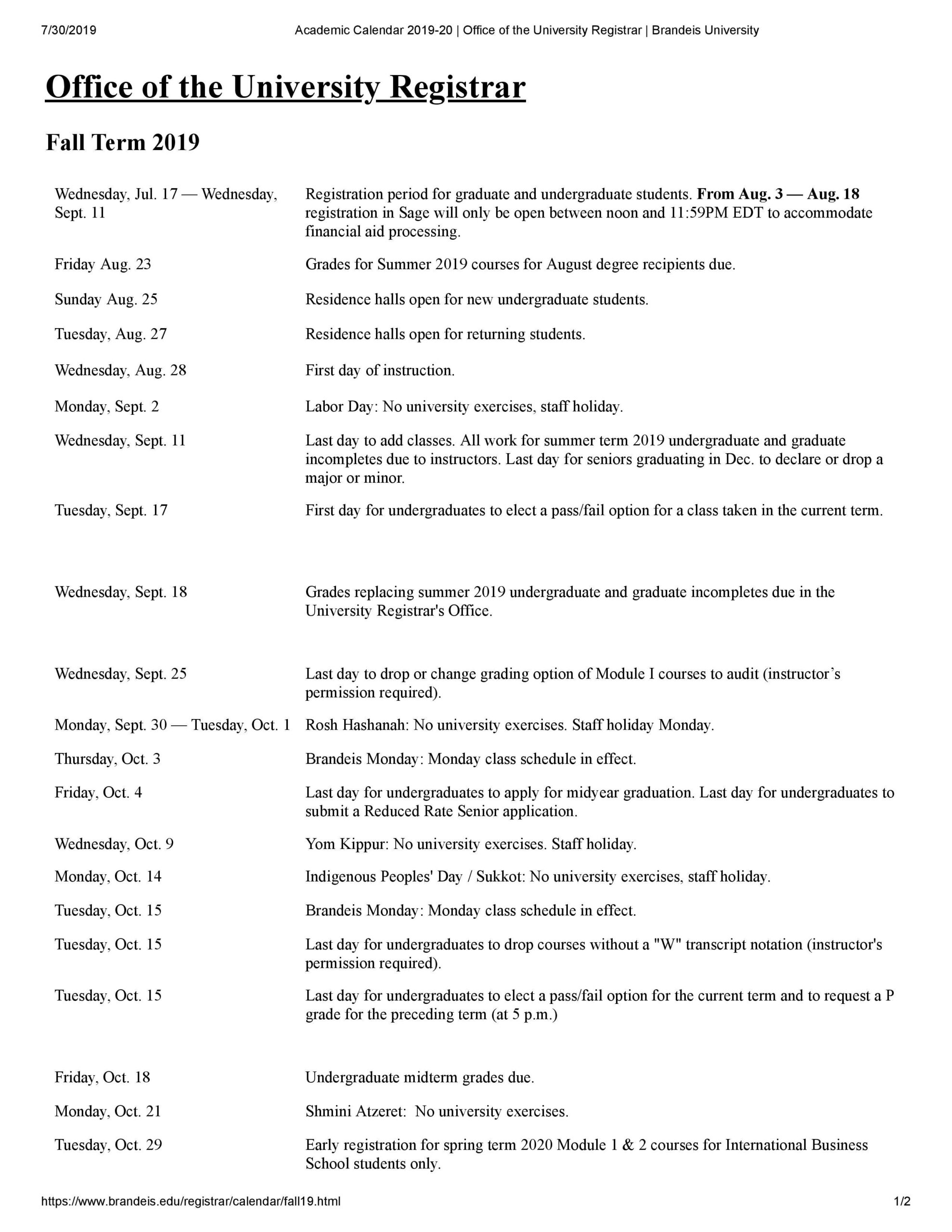 Brandeis University Academic Calendar