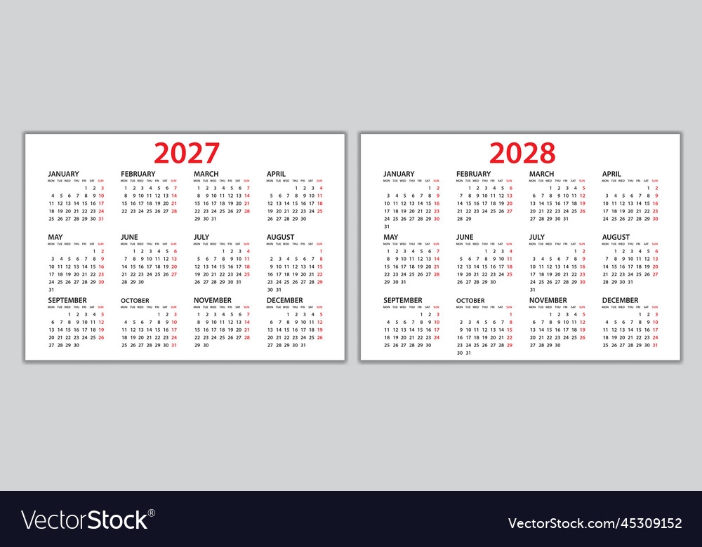 Calendar 2027 2028 Template Planner 2027 2028 Vector Image