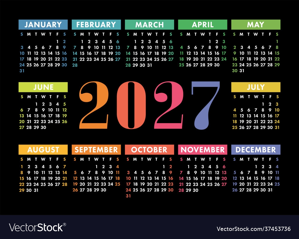 Calendar 2027 English Colorful Horizontal Wall Vector Image