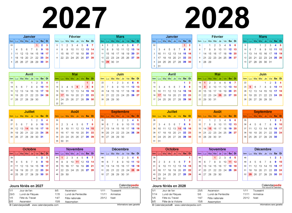 Calendrier 2027 Et 2028 Excel Word Et PDF Calendarpedia