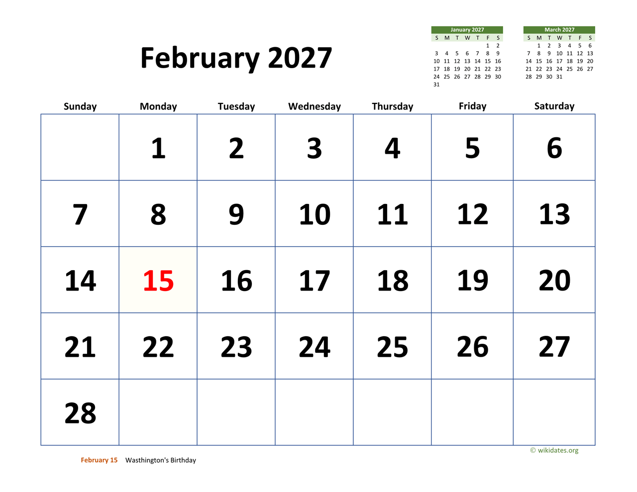 February 2027 Calendar With Extra large Dates WikiDates