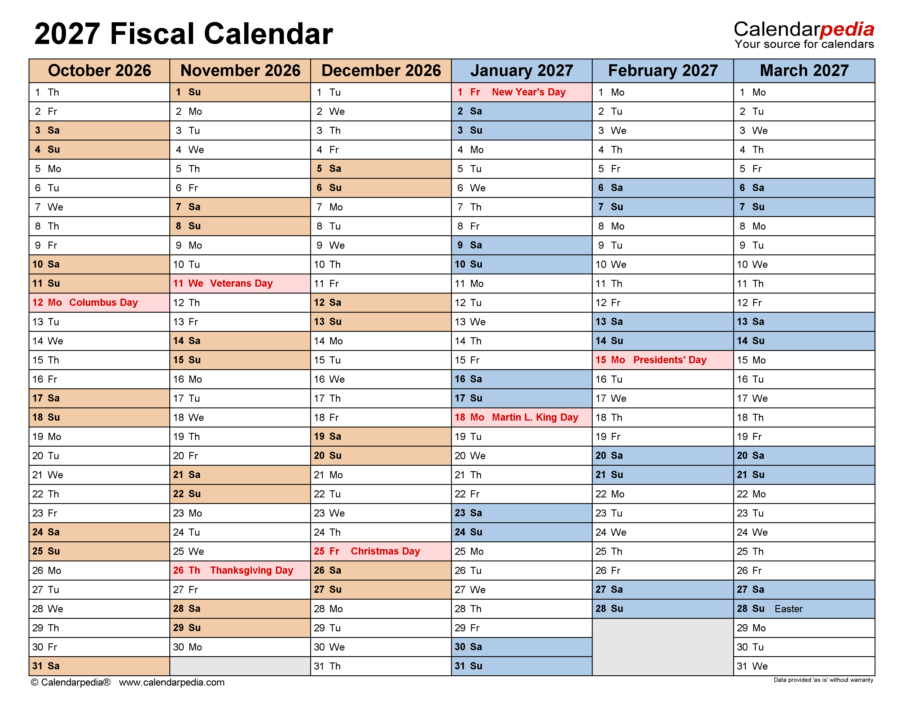 Fiscal Calendars 2027 Free Printable PDF Templates