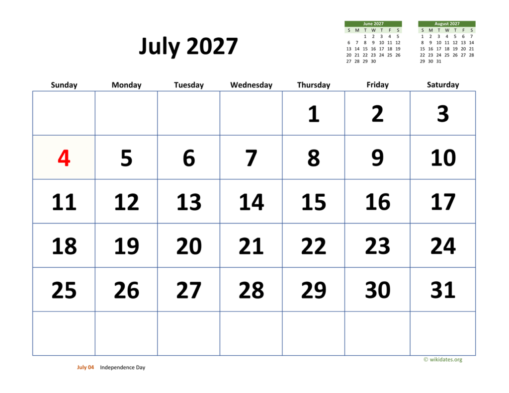 July 2027 Calendar With Extra large Dates WikiDates