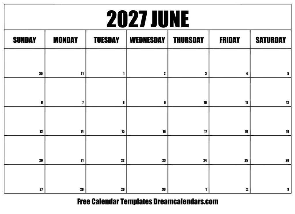 June 2027 Calendar Free Printable With Holidays And Observances