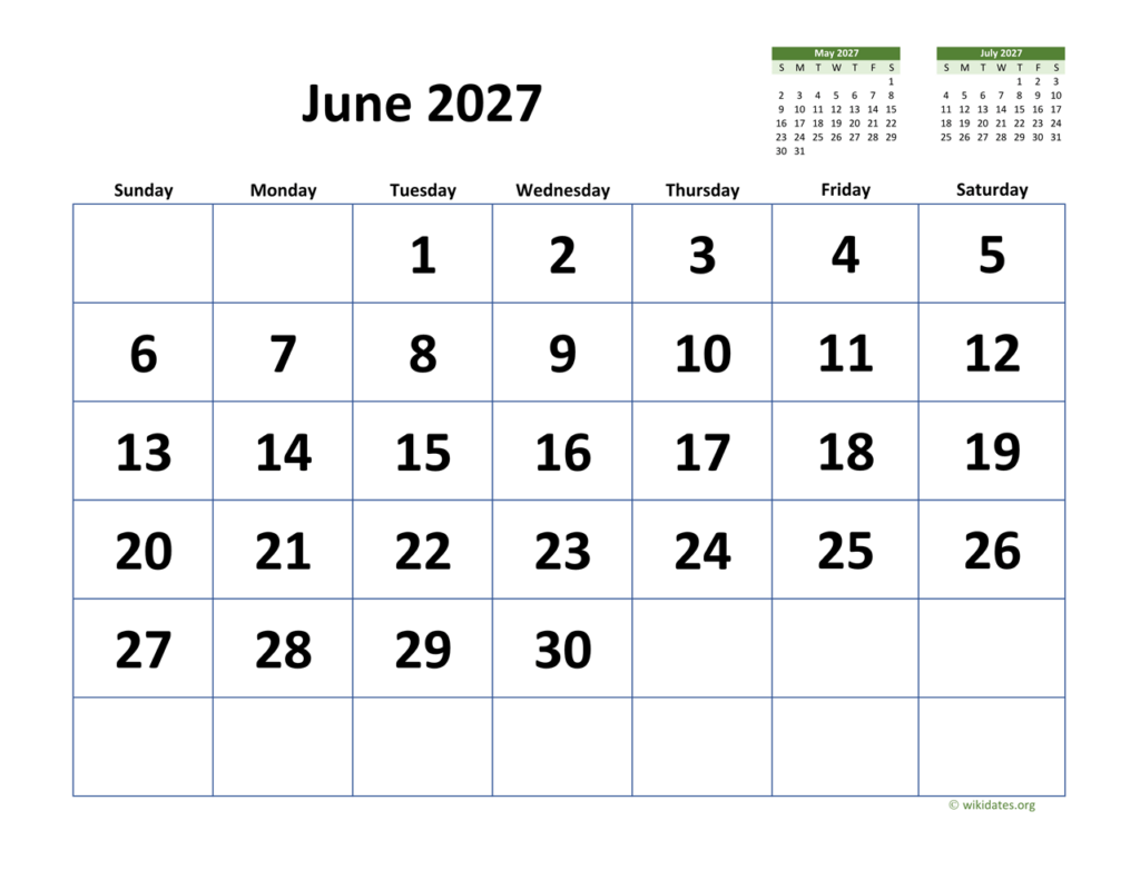 June 2027 Calendar With Extra large Dates WikiDates