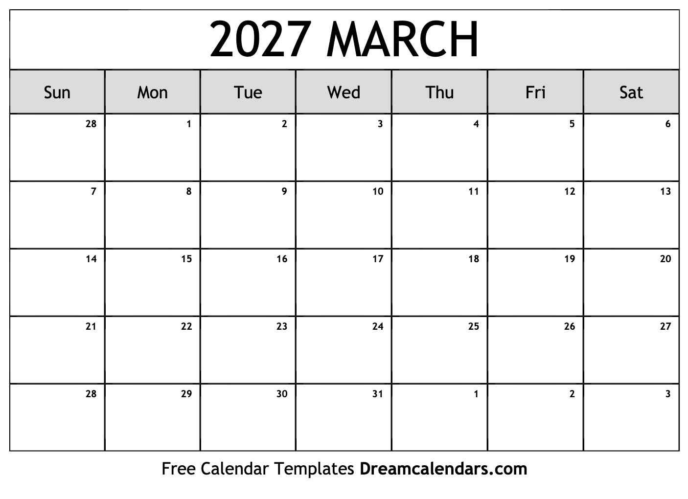 March 2027 Calendar Free Printable With Holidays And Observances