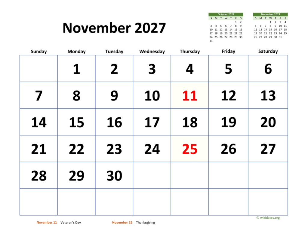 November 2027 Calendar With Extra large Dates WikiDates