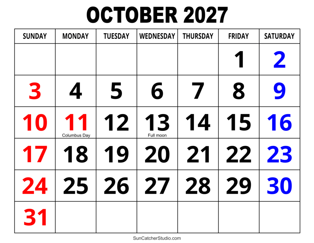 October 2027 Calendar Free Printable DIY Projects Patterns 