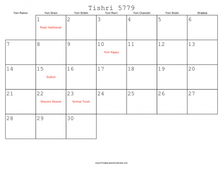 Print Calendars With Hebrew Dates And Jewish Holidays