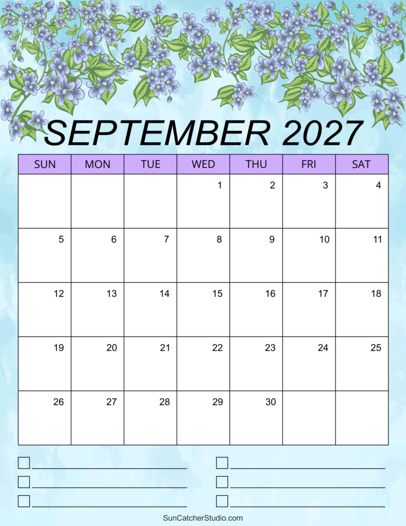 September 2027 Calendar Free Printable DIY Projects Patterns 