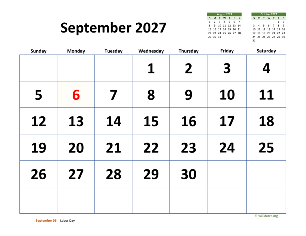 September 2027 Calendar With Extra large Dates WikiDates