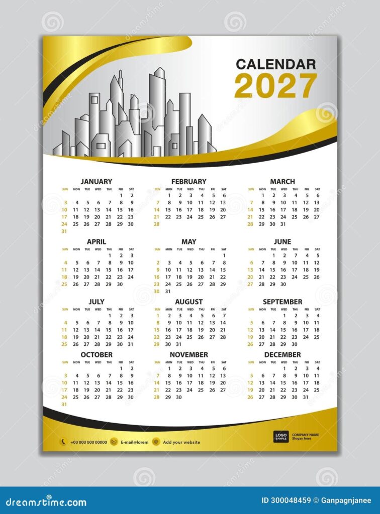 Wall Calendar 2027 Template Calendar 2027 Design Gold Wave Background 