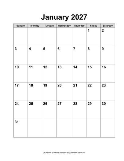 Yearly Calendar 2027 Printable