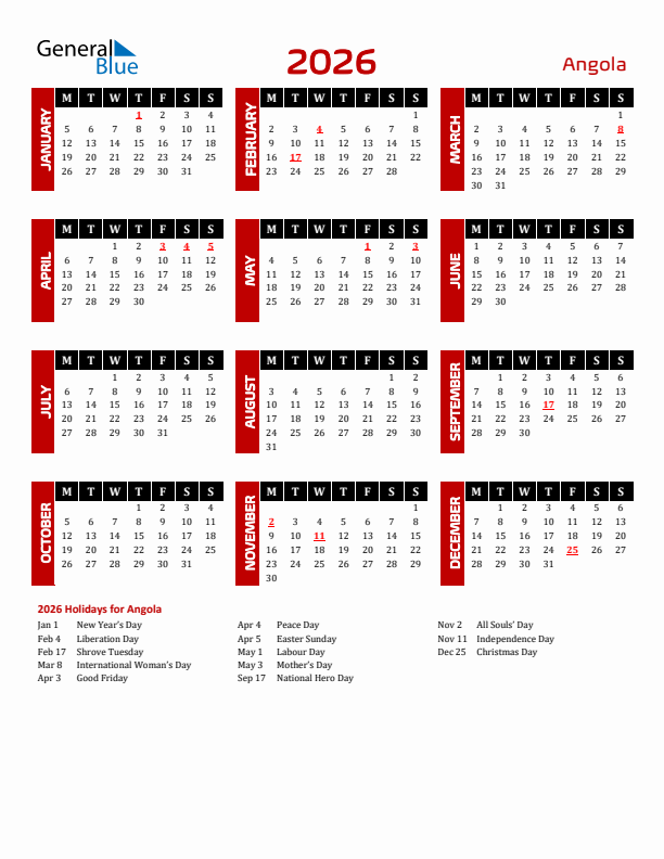 2026 Printable Calendar With Angola Holidays