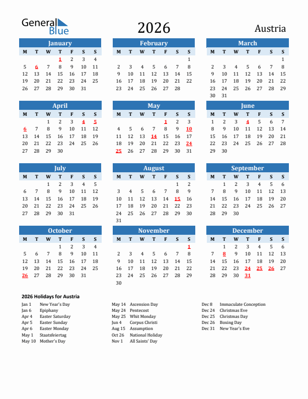 2026 Printable Calendar With Austria Holidays