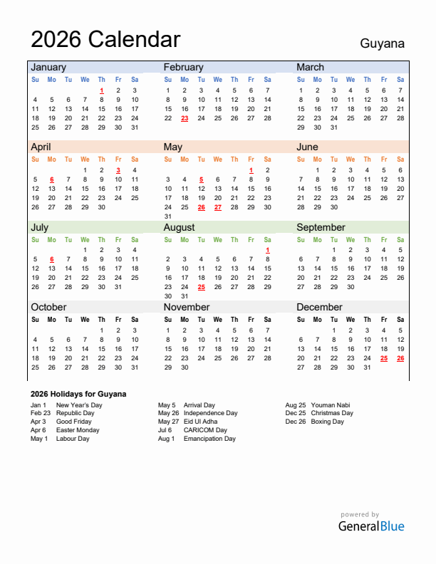 2026 Printable Calendar With Guyana Holidays