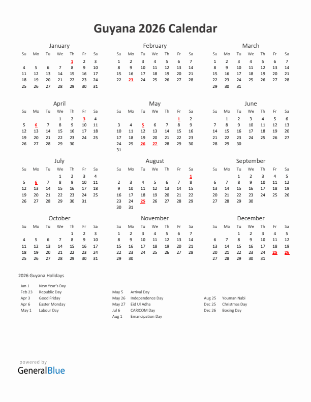 2026 Yearly Calendar For Guyana With Holidays