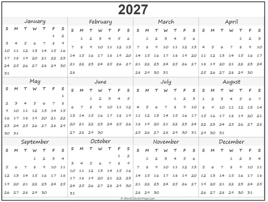 2027 Year Calendar Yearly Printable