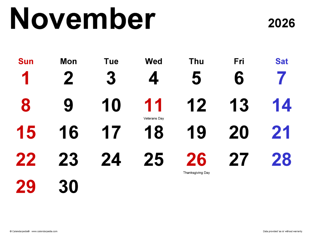 A Comprehensive Guide To The November 2026 Calendar In Word Calendar 