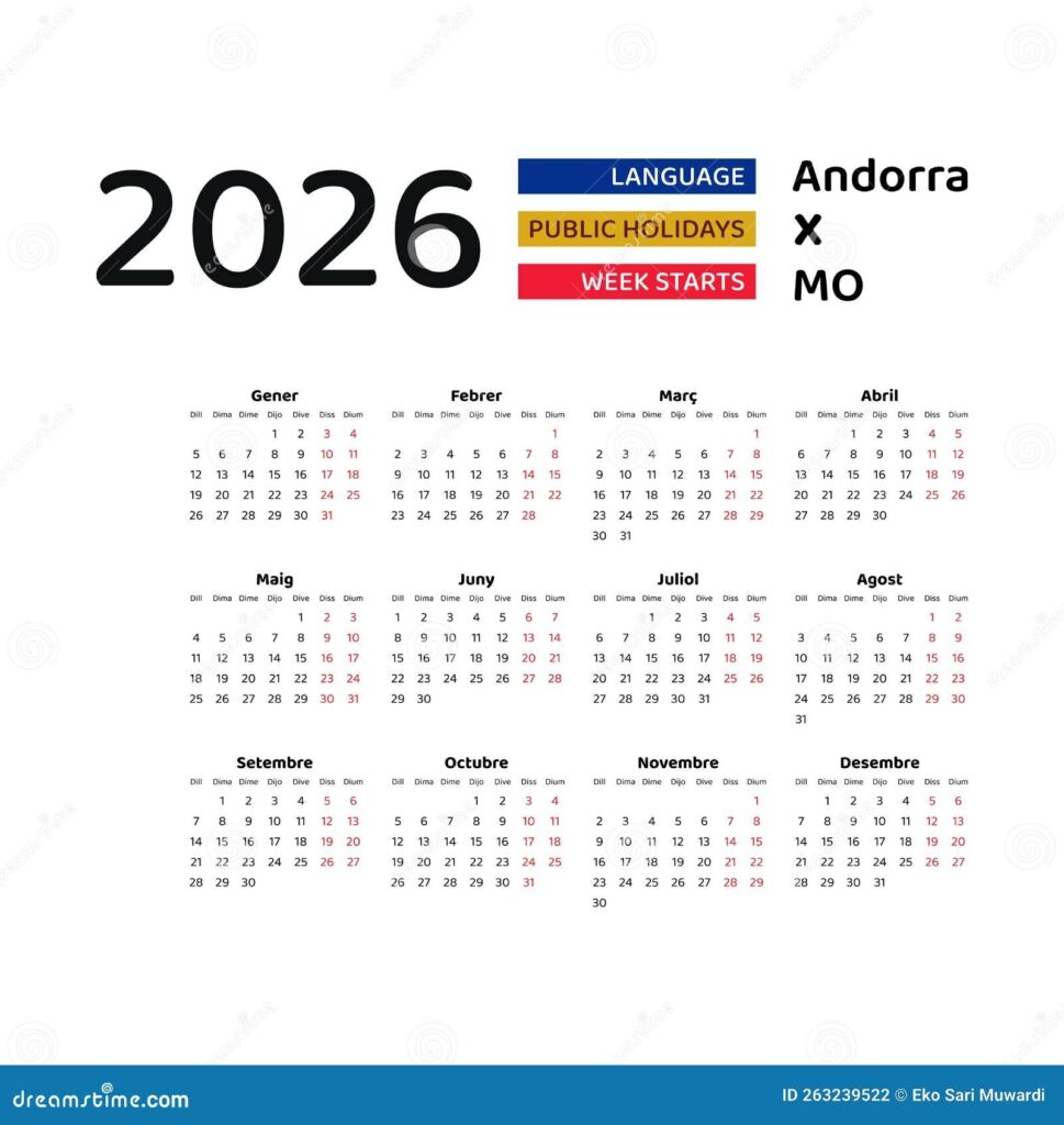 Andorra Calendar 2026 Week Starts From Monday Vector Graphic Design 