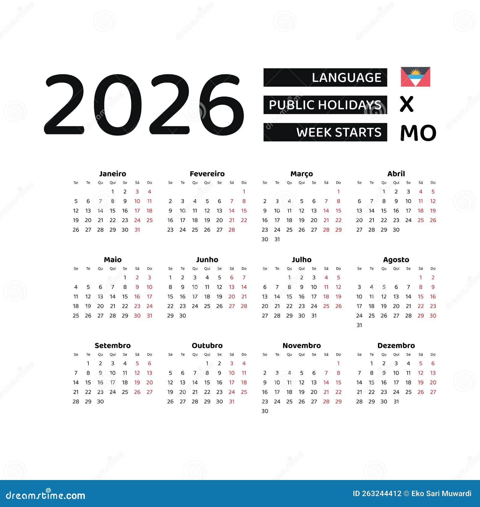 Antigua And Barbuda Calendar 2026 Week Starts From Monday Stock Vector 