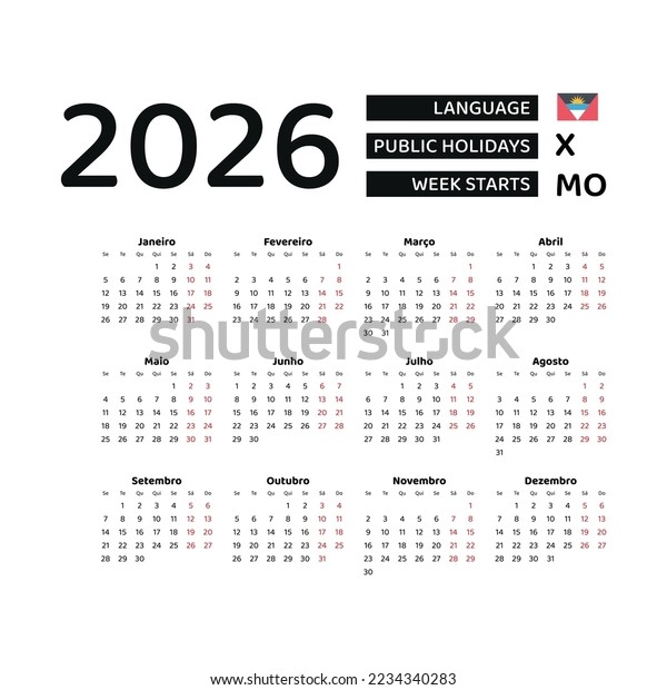 Antigua Barbuda Calendar 2026 Week Starts Stock Vector Royalty Free 