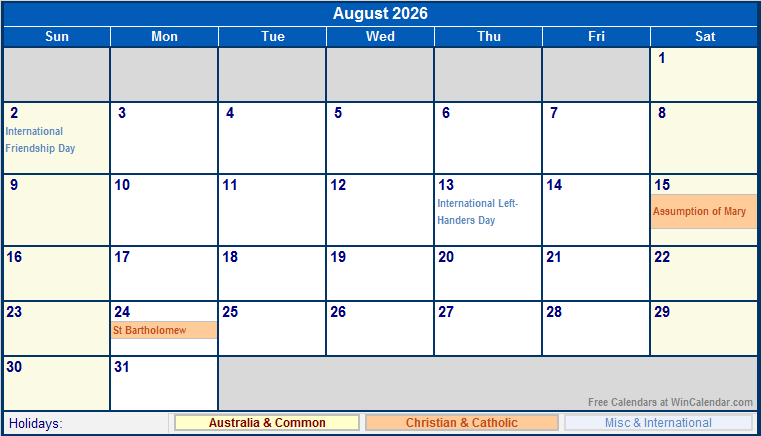 August 2026 Australia Calendar With Holidays For Printing image Format