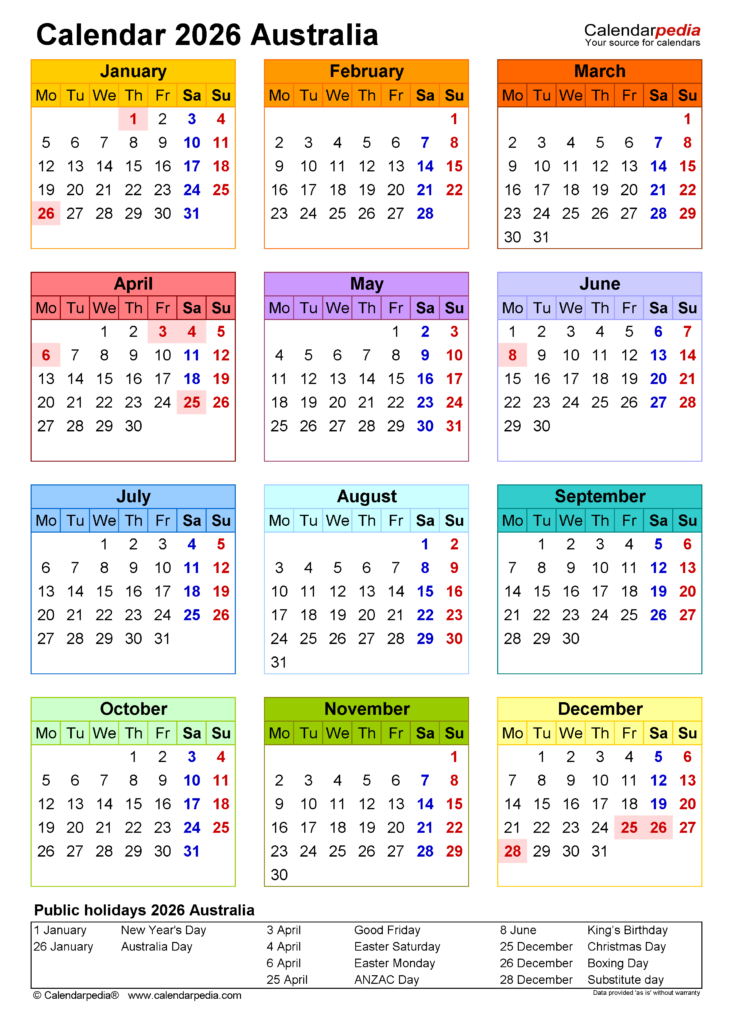 Australia Calendar 2026 Free Printable PDF Templates