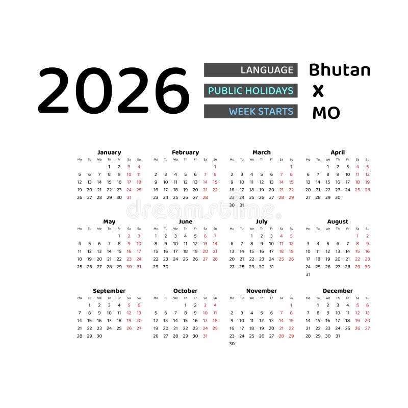 Bhutan Calendar 2026 Week Starts From Monday Vector Graphic Design